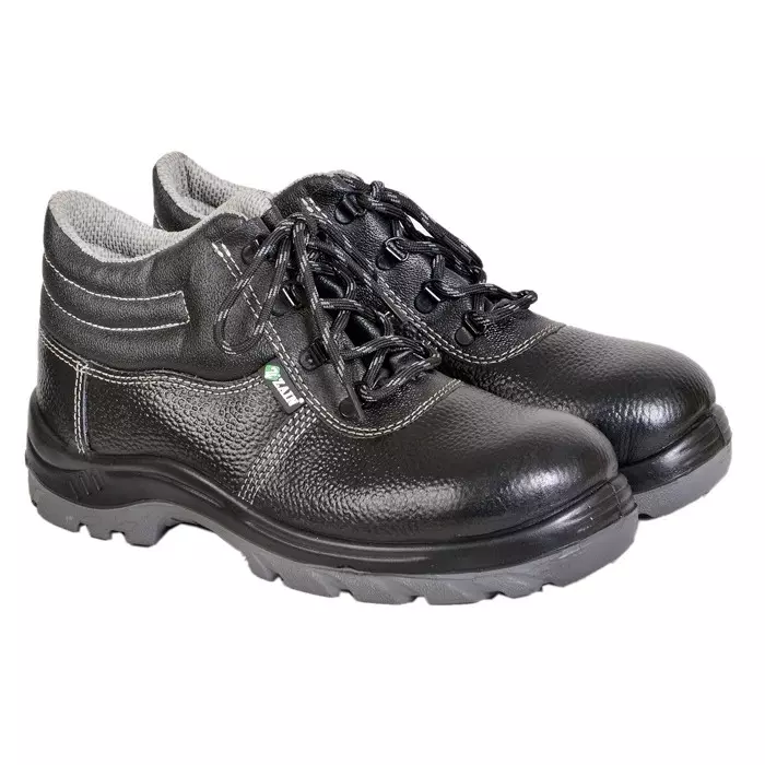 Zain Safety Economical Steel Toe Safety Shoes PU Double Density High Ankle Black Buff Barton Genuine Leather Size UK10, ZM-444