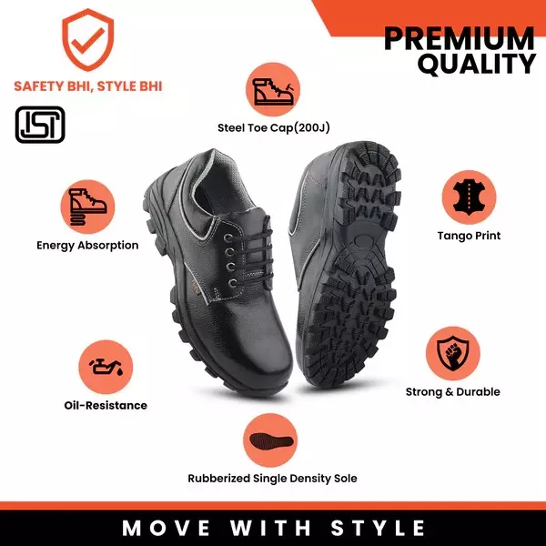 Fuel Metallic Toe Safety Shoes Rubberized Single Density Low Ankle BlackLeather Tango Print for Mens Size UK10, Leon R