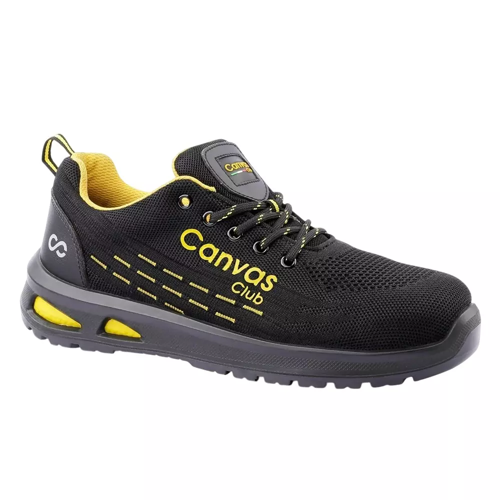 Canvas Club PARMA S1 200 J Steel Toe Safety Shoe Low Ankle PU Sole UK 5 Size Black & Yellow Premium Knitted Textile