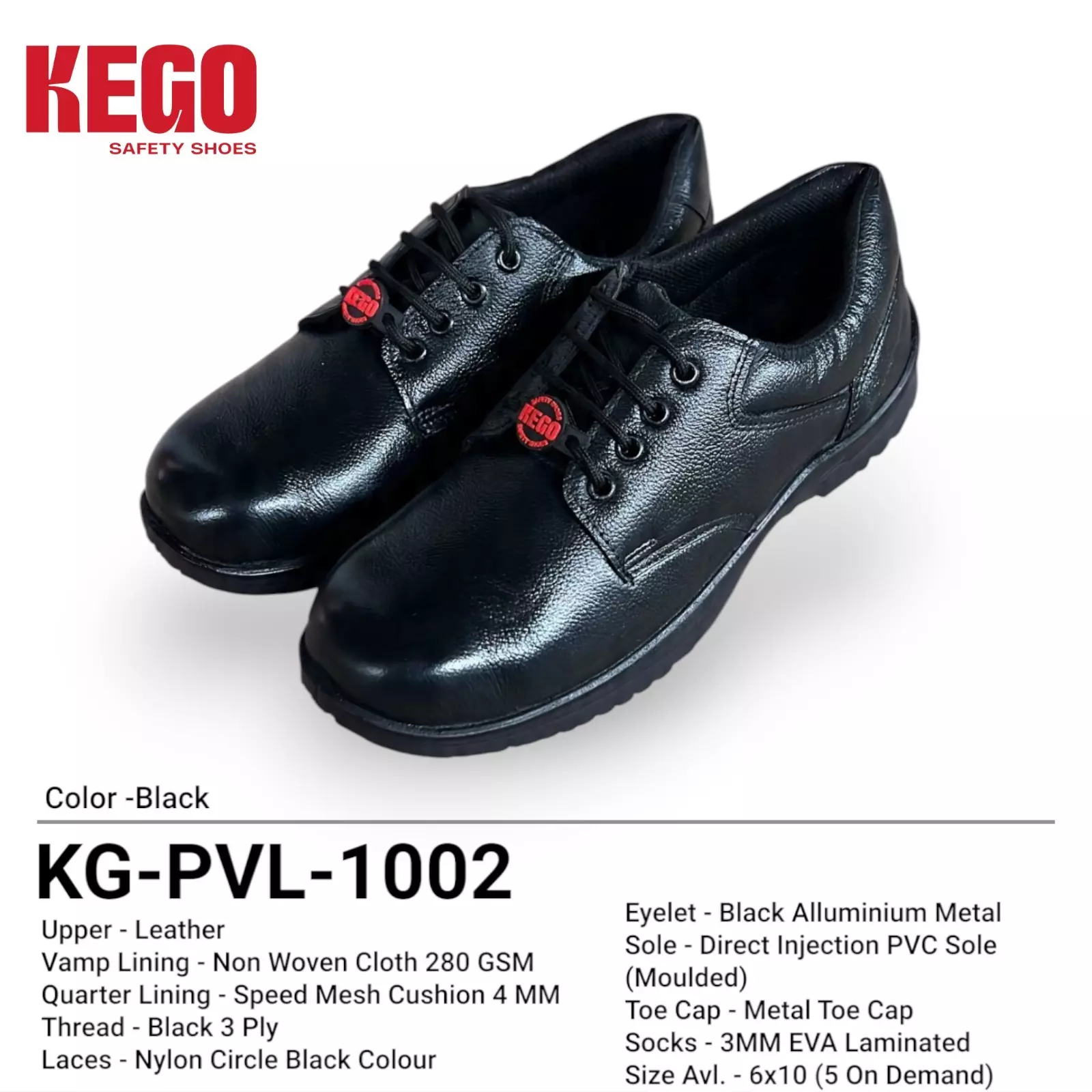 KEGO Safety Shoes Metal Toe Low Ankle Direct Injection PVC (Moulded) Sole Black UK 8, KG-PVL-1002 (1 Pair)