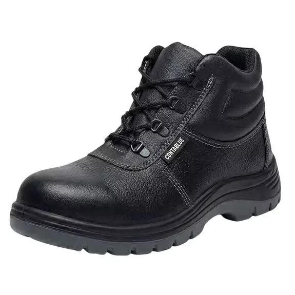 Contablue Steel Toe Safety Shoes PU Sole High Ankle Black Leather Size UK 5, Panther_Ankle