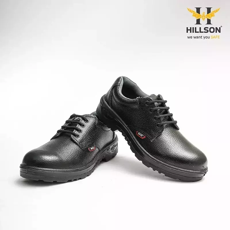 Hillson Steel Toe Safety Shoes PU Sole Low Ankle Single Density Black Genuine Black Leather Upper In Shelltac Print, Size UK 11, BASE