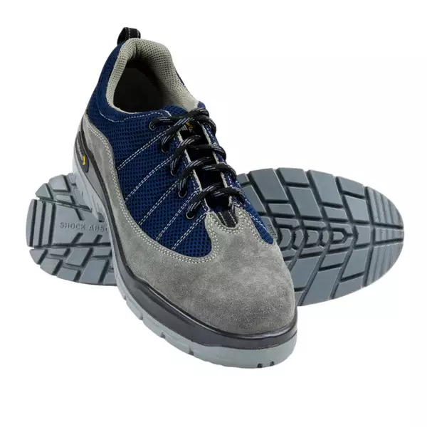 Mallcom Steel Toe Safety Shoes Low Ankle Double Density PU Sole Grey and Blue Suede Split Leather Size UK 12, Leo B