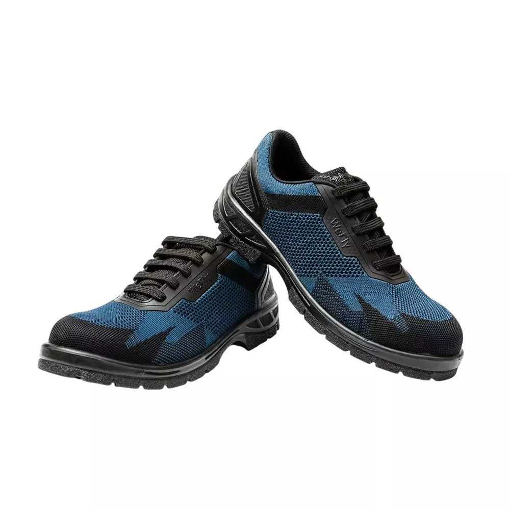 Hillson Re-Enforced Toe Safety Shoes PU Sole Low Ankle Single Density Blue Breathable Flyknit Fabric, Size UK 10, WF01 BLUE