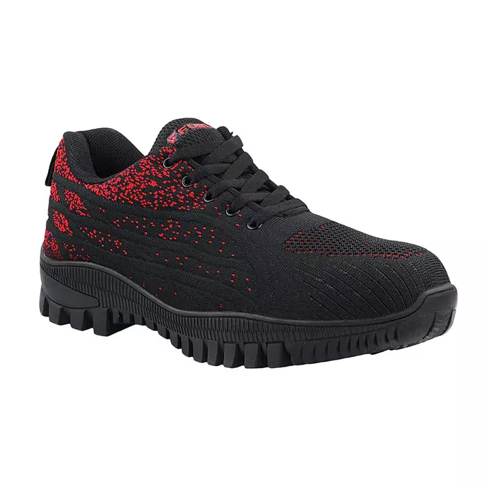 FUEL Metallic Toe Safety Shoes Rubber Single Density Low Ankle Black & Red Knitted Fabric for Mens Size UK11, TRENDY RED BLACK