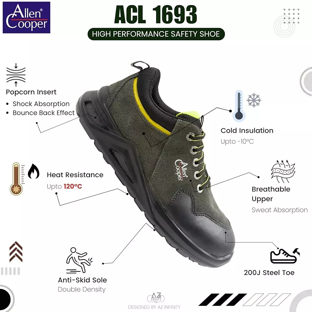 Allen Cooper Steel Toe Safety Shoe Low Ankle PU Sole UK 10 Size Olive Green for Industrial Use, ACL 1693