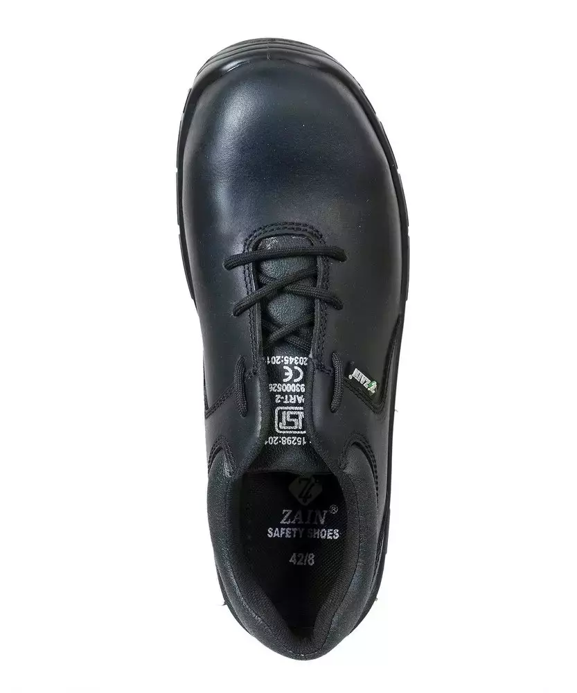 Zain Steel Toe Safety Shoes Leather Low Ankle Single Density PU Sole Size UK 7 Black, ZM-11466