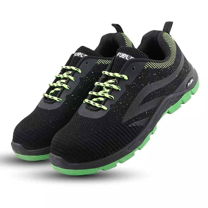Fuel Steel Toe Safety Shoes Low Ankle Double Density PVC Sole Black and Green, JORDAN Size UK 6