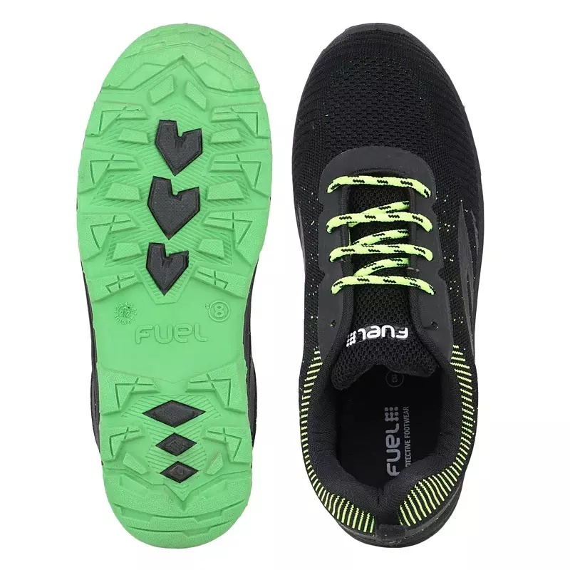 Fuel Steel Toe Safety Shoes Low Ankle Double Density PVC Sole Black and Green, JORDAN Size UK 6