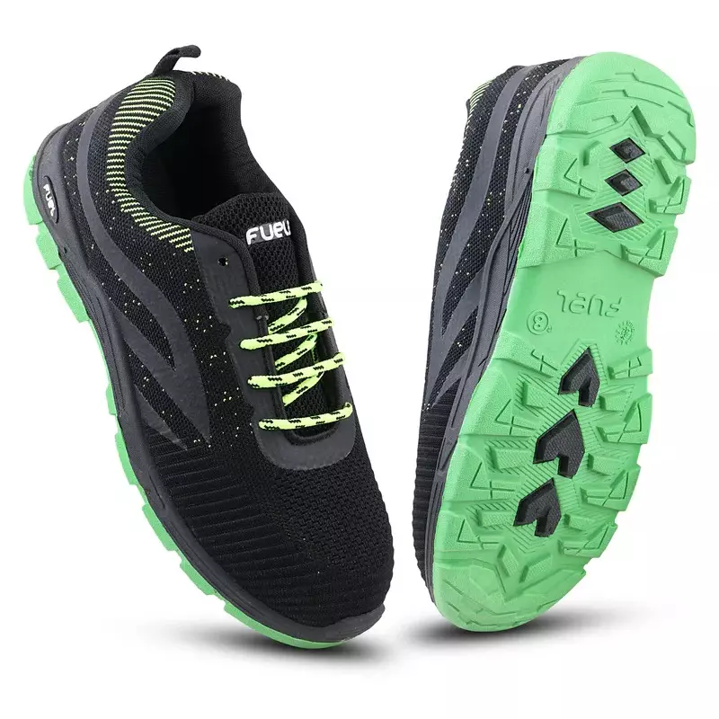 Fuel Steel Toe Safety Shoes Low Ankle Double Density PVC Sole Black and Green, JORDAN Size UK 6