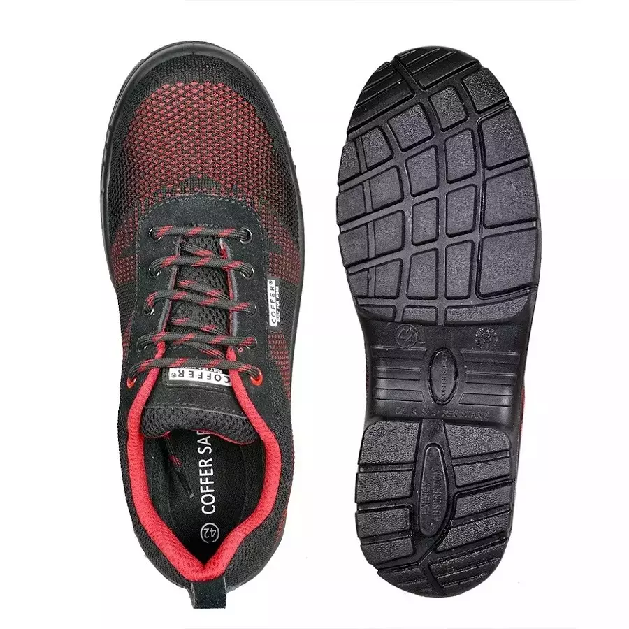 Coffer Safety Steel Toe Safety Shoes Low Ankle PU Sole Black Red Leather Size UK 6, 1201-6