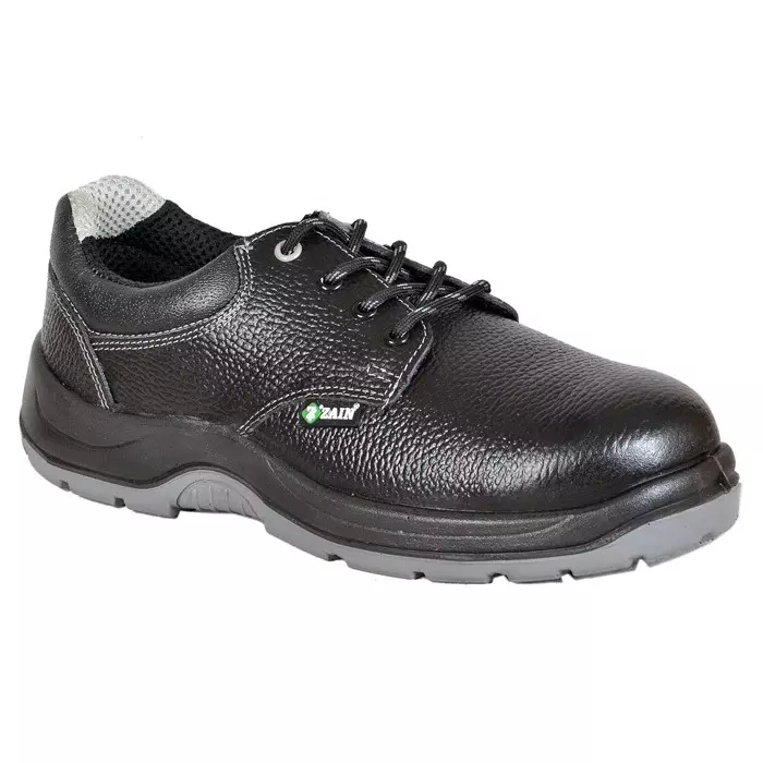 Zain Safety Economical Steel Toe Safety Shoes PU Double Density Low Ankle Black Buff Barton Genuine Leather Size UK6, SR-107