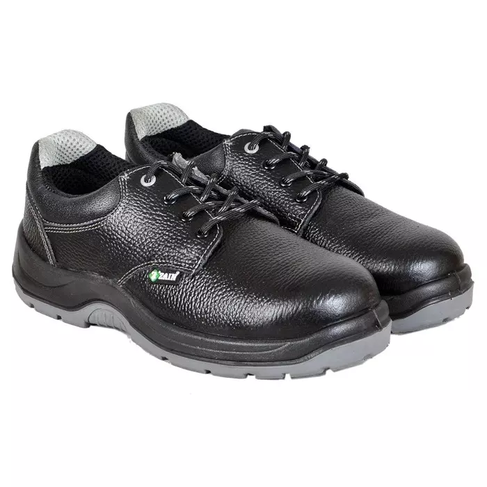 Zain Safety Economical Steel Toe Safety Shoes PU Double Density Low Ankle Black Buff Barton Genuine Leather Size UK6, SR-107