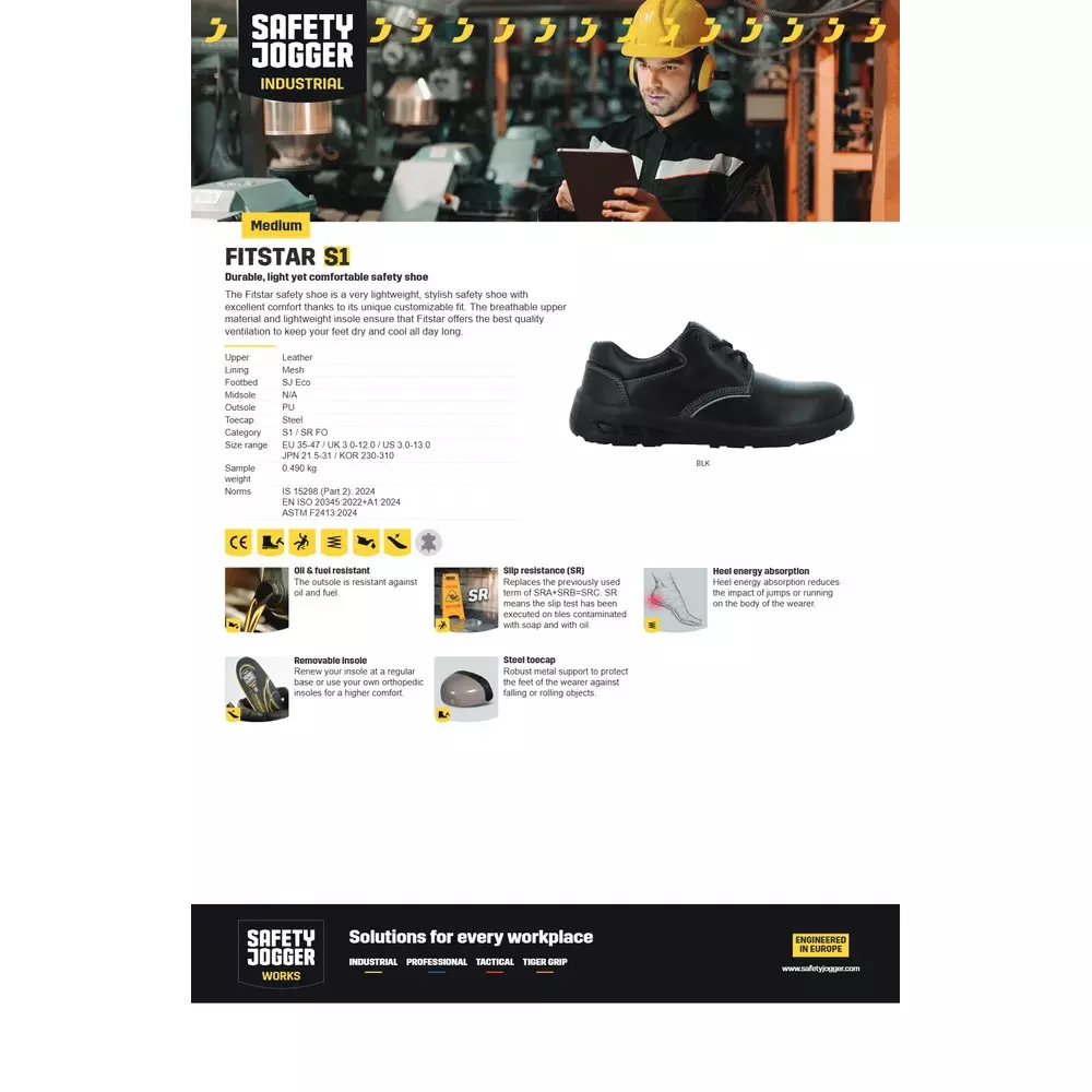 Safety Jogger 200 J Steel Toe Safety Shoe Low Ankle PU Sole UK 9 Size Black Leather for Industrial Use, FITSTAR S1