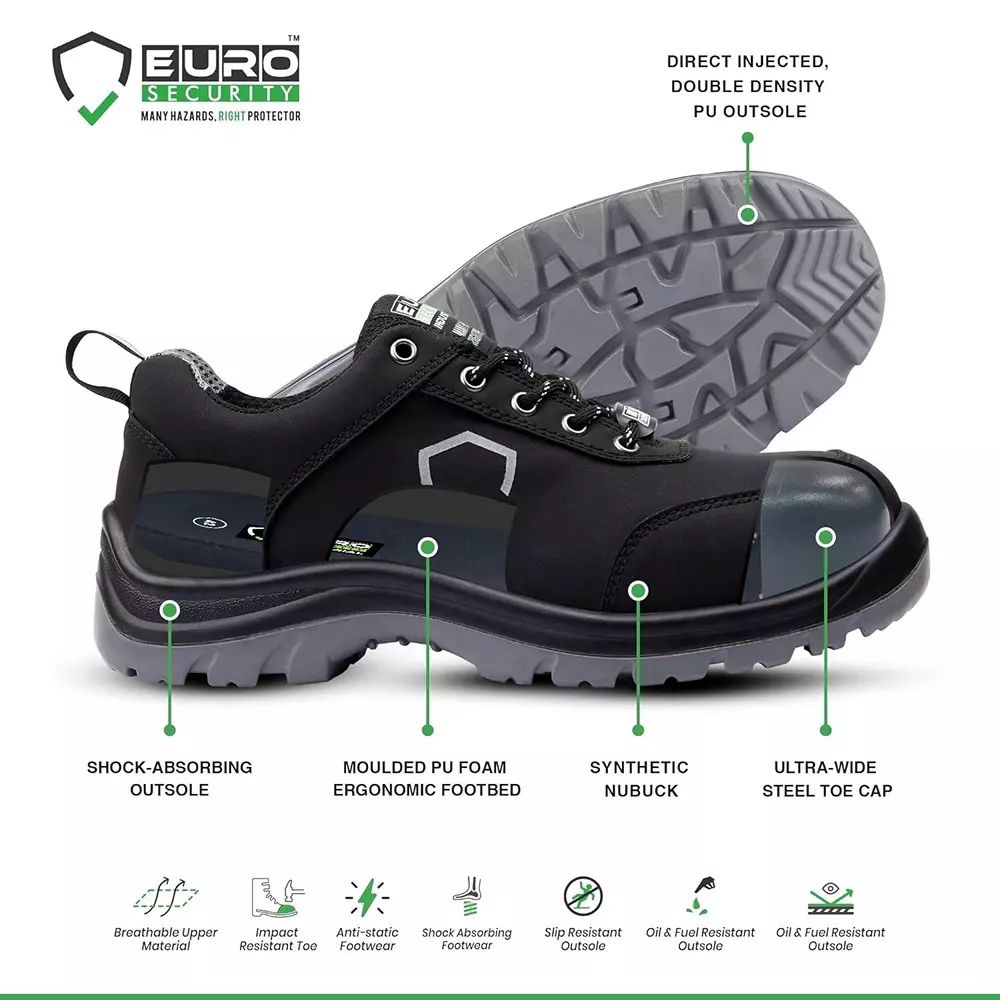 Euro Security Graphite 200 J Steel Toe Safety Shoe Low Ankle PU Sole UK 8 Size Synthetic Nubuck Black for Hospital, Pharma & Food Industry Use