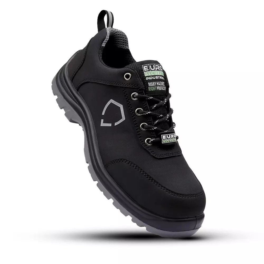 Euro Security Graphite 200 J Steel Toe Safety Shoe Low Ankle PU Sole UK 10 Size Synthetic Nubuck Black for Hospital, Pharma & Food Industry Use