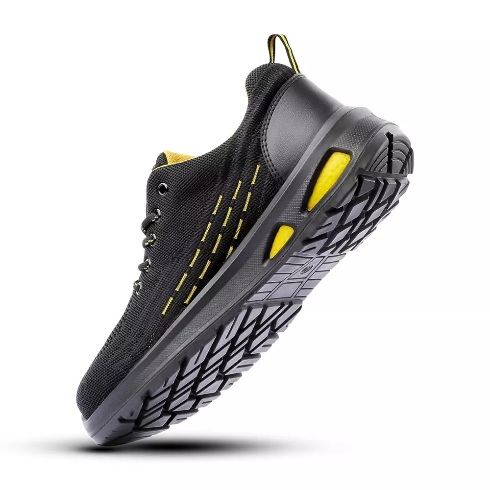 Canvas Club PARMA S1 200 J Steel Toe Safety Shoe Low Ankle PU Sole UK 9 Size Black & Yellow Premium Knitted Textile