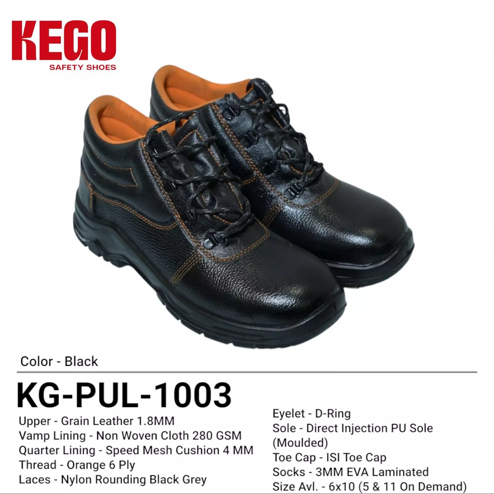 KEGO Safety Shoes Metal Toe Low Ankle Direct Injection PU (Moulded) Sole Black UK 6, KG-PUL-1003 (1 Pair)