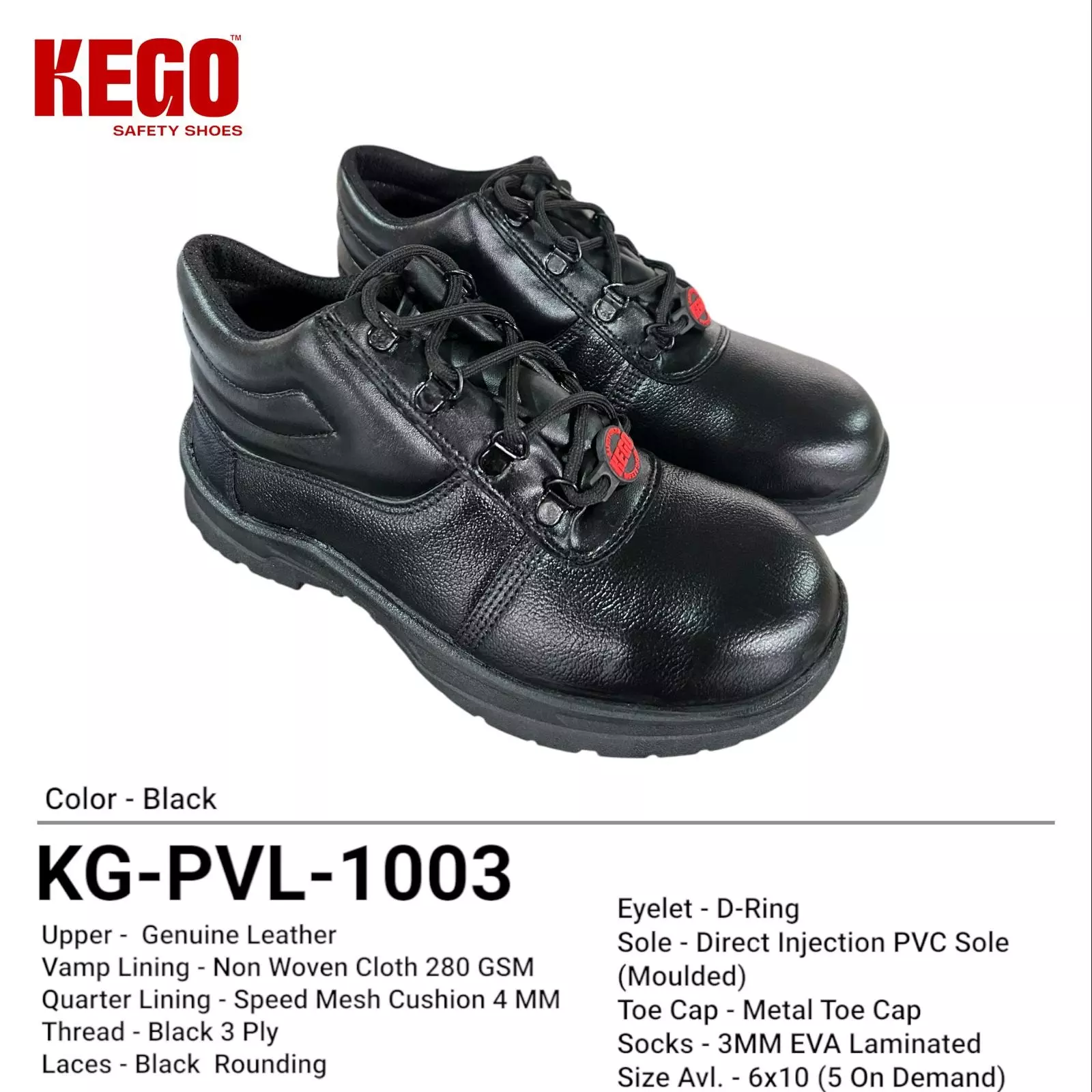 KEGO Safety Shoes Metal Toe Low Ankle Direct Injection PVC (Moulded) Sole Black UK 7, KG-PVL-1003 (5 Pairs )