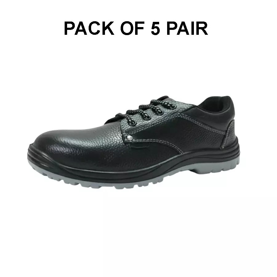 Safe N Sure SS Hyper Safety Shoe With Cushion Low Ankle PU Sole Steel Toe Genuine Buff Grain Leather Black Size UK 7 (Pack of 5 Pair)