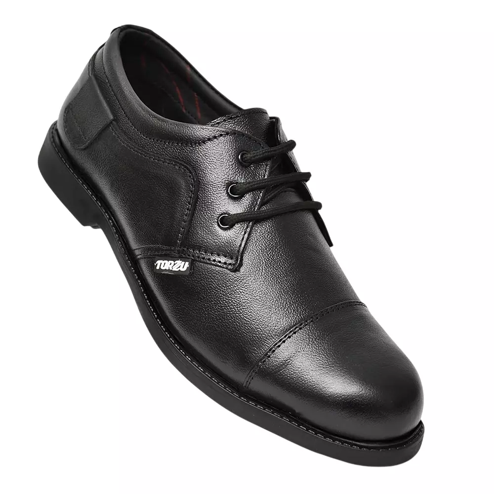 Torzu Steel Toe Safety Shoes PVC Sole Low Ankle Black Real Leather Size UK 8, 023