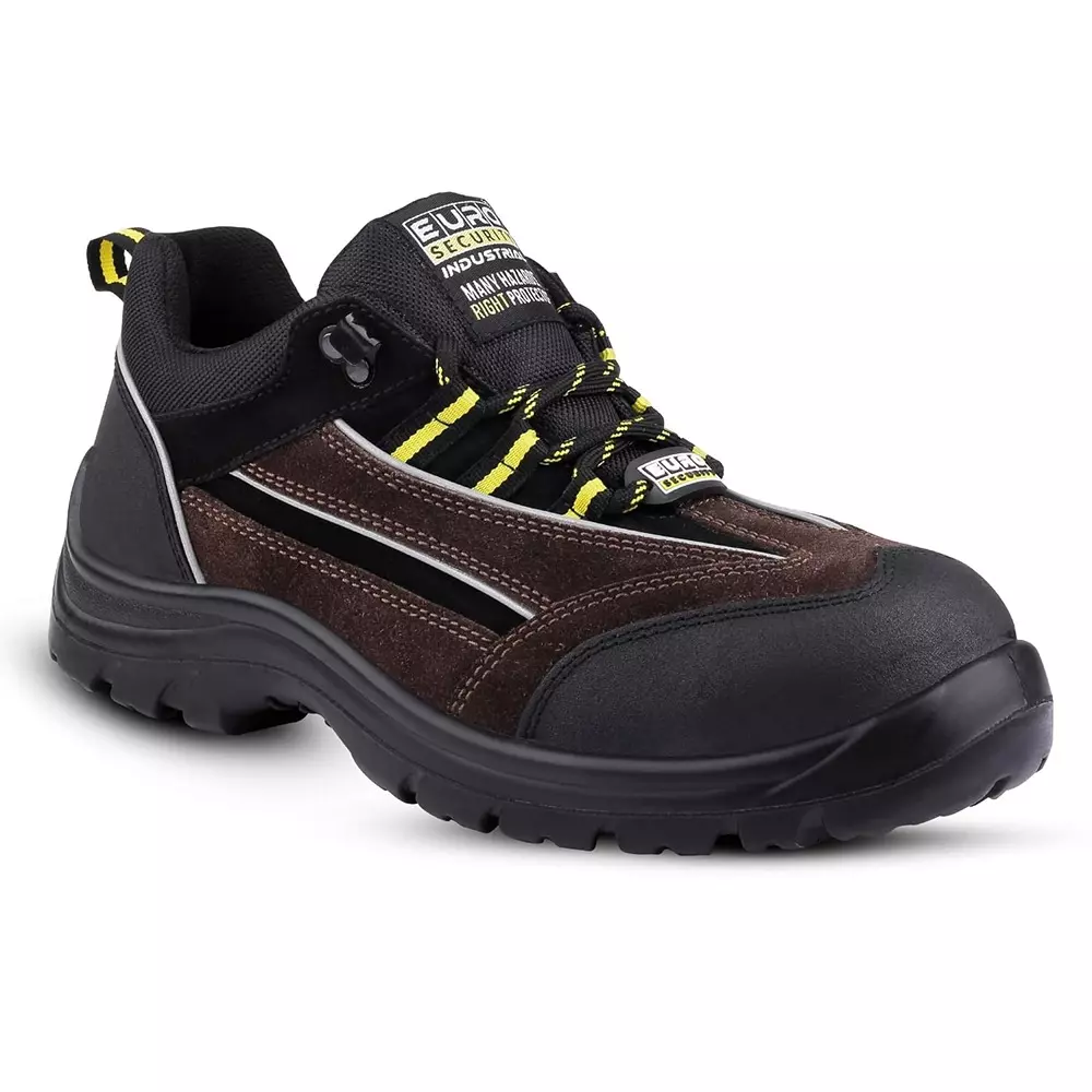Euro Security Low Ankle Safety Shoe 200J Stainless Steel Toe Cap PU Sole Brown & Black Suede Leather with Printed Fabric UK 05 Size, 82692-WESTERN-BLK-BRN-05