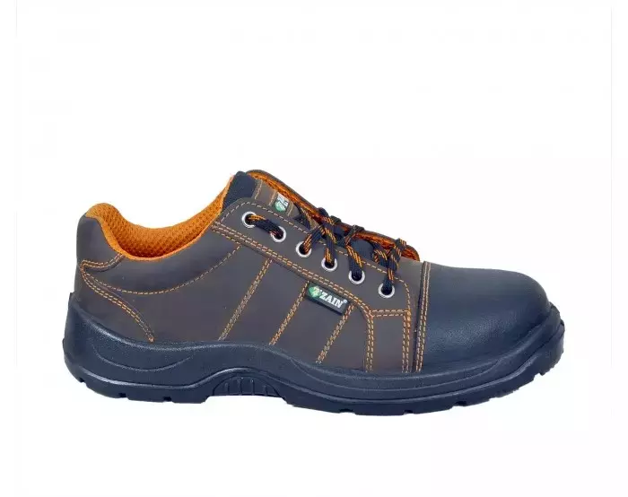 Zain Steel Toe Safety Shoes Leather Low Ankle Single Density PU Sole Size UK 10 Black and Orange, Sneaker B