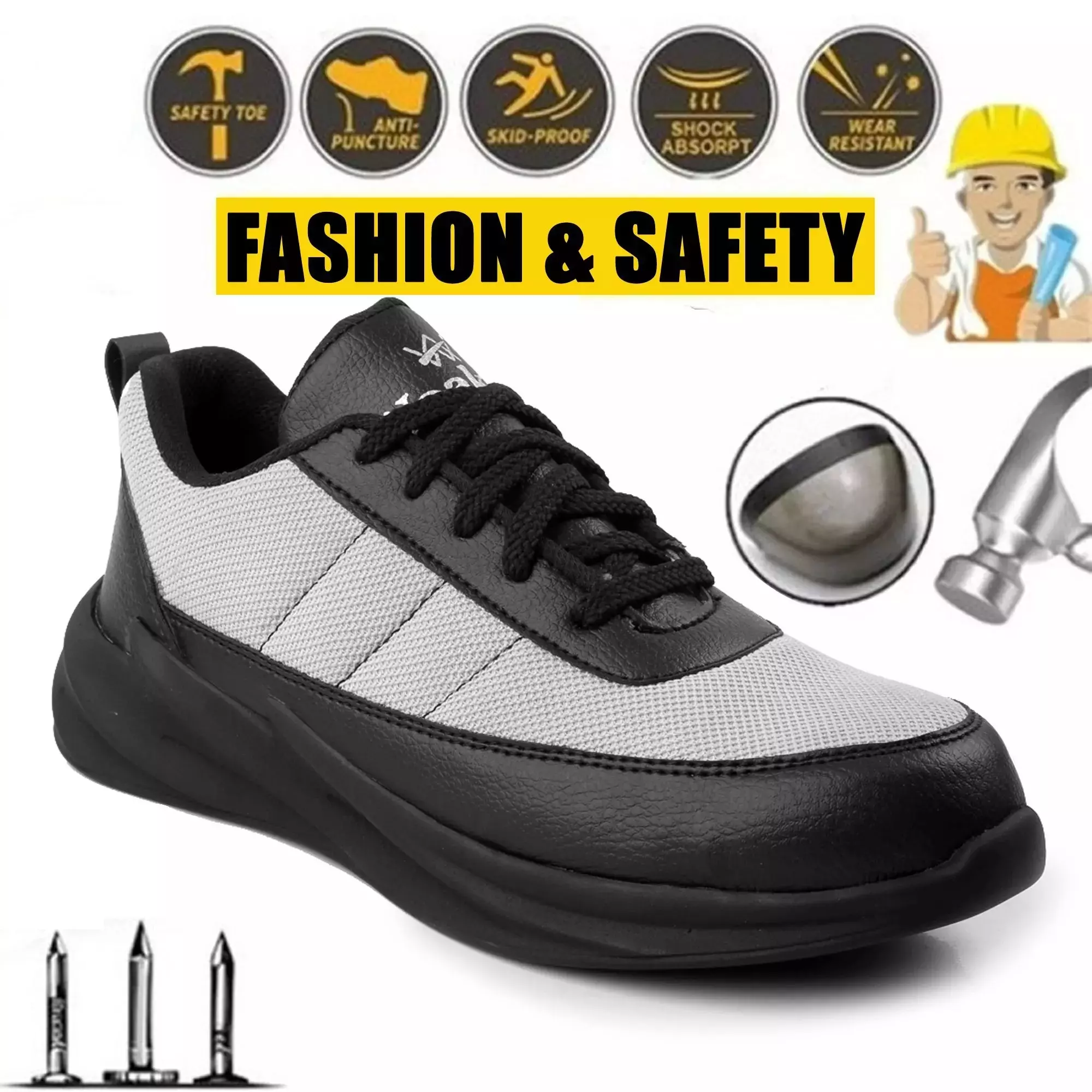 Woakers Steel Toe Safety Shoes Low Ankle Synthetic Leather Size UK 8 Black and Grey Model GREY-FASHION-SAFTEY