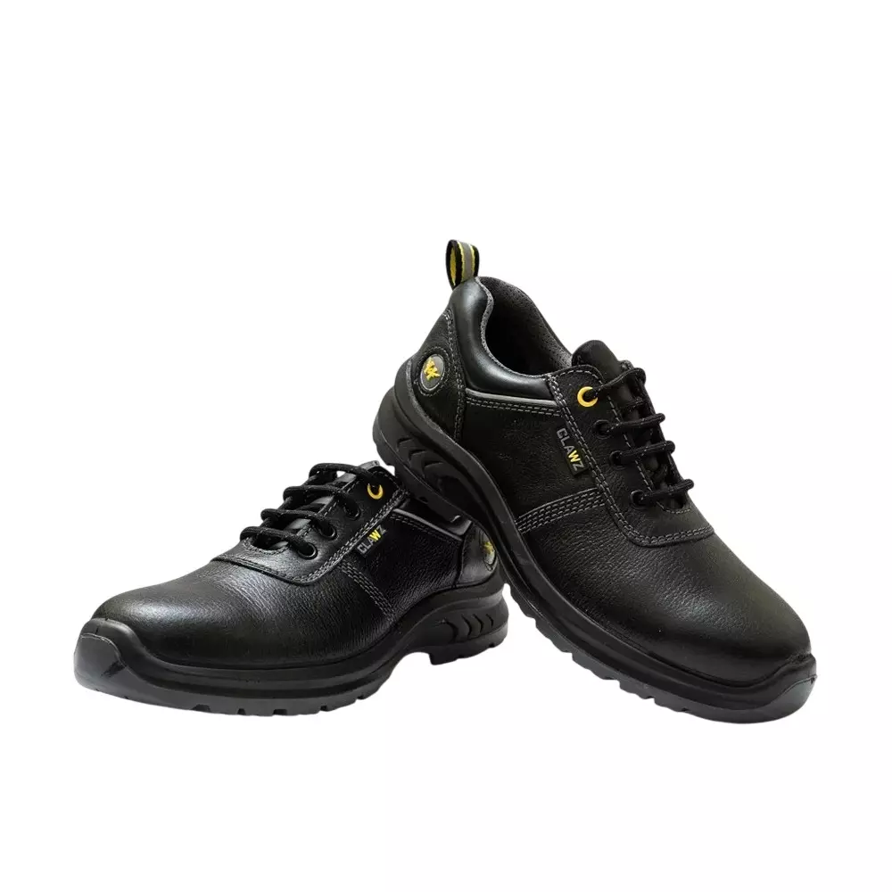 Hillson Steel Toe Safety Shoes PU Sole Low Ankle Dual Density Black Real Buff Leather in Tango Print, Size UK 7, Clawz CL02