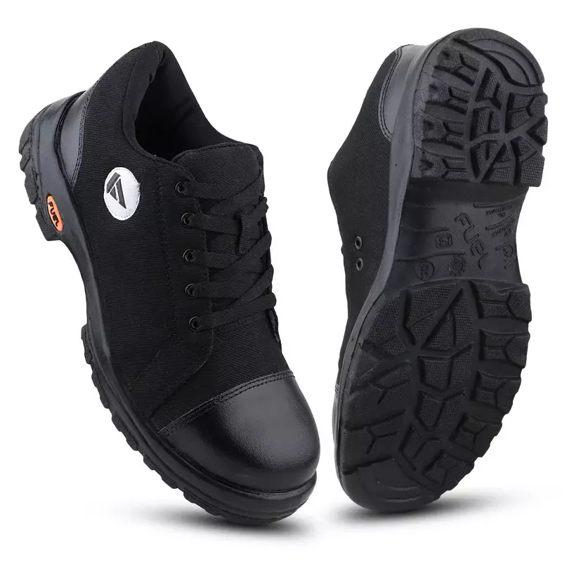 Fuel Steel Toe Safety Shoes PU Single Density Low Ankle Black Canvas for Mens Size UK7, CANVEE BLACK