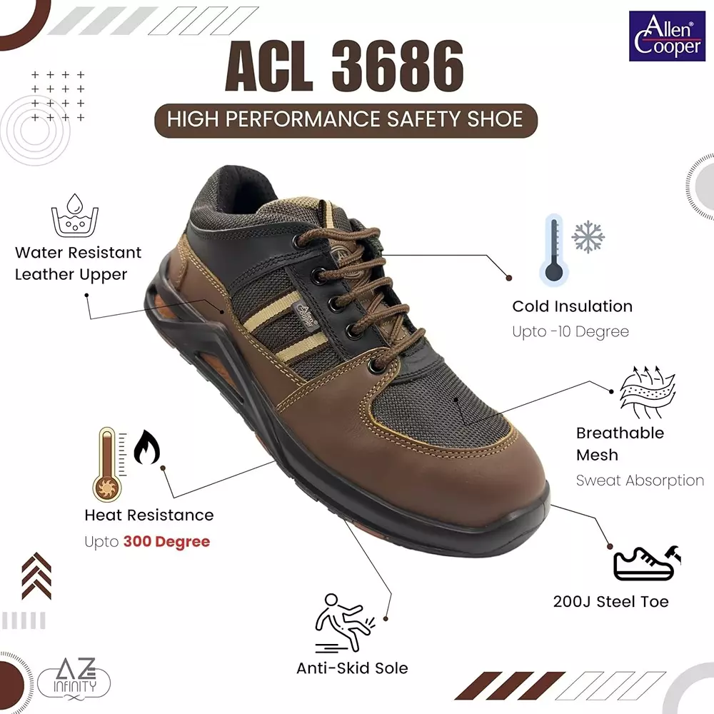 Allen Cooper Steel Toe Safety Shoe Low Ankle PU Sole UK 9 Size Brown for Industrial Use, ACL 3686