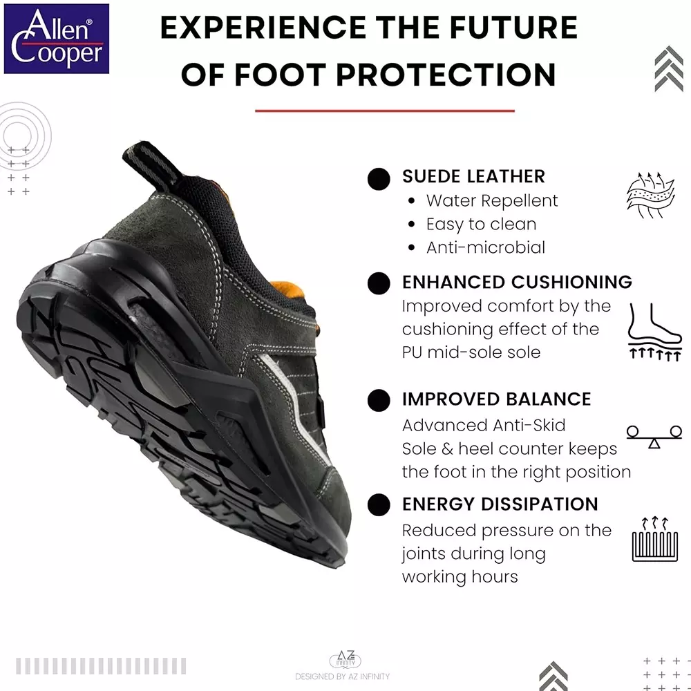 Allen Cooper Steel Toe Safety Shoe Low Ankle Nitrile Rubber Sole UK 9 Size Grey for Industrial Use, ACL 3685
