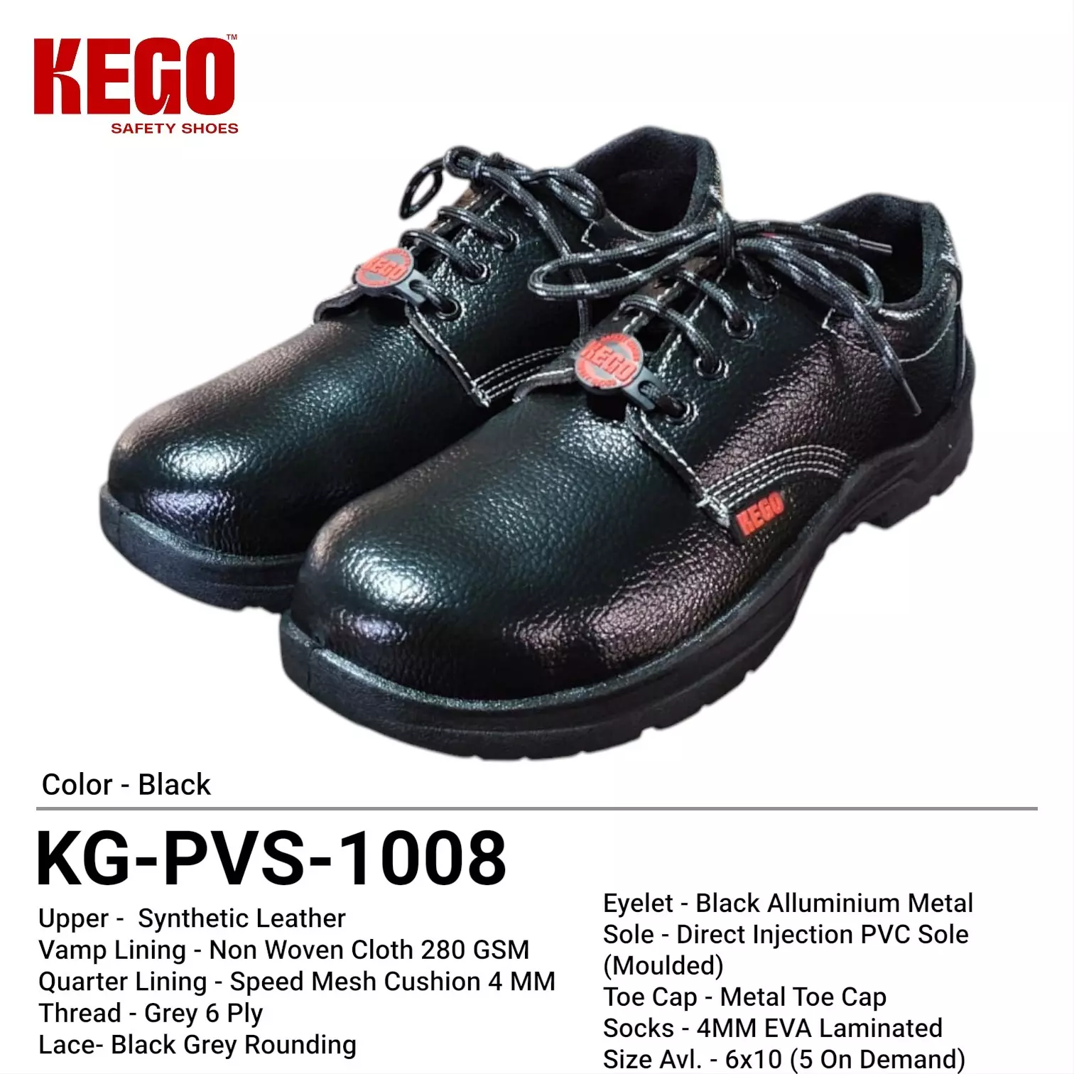 KEGO Safety Shoes Metal Toe Low Ankle Direct Injection PVC (Moulded) Sole Black UK 8, KG-PVS-1008 (10 Pairs )
