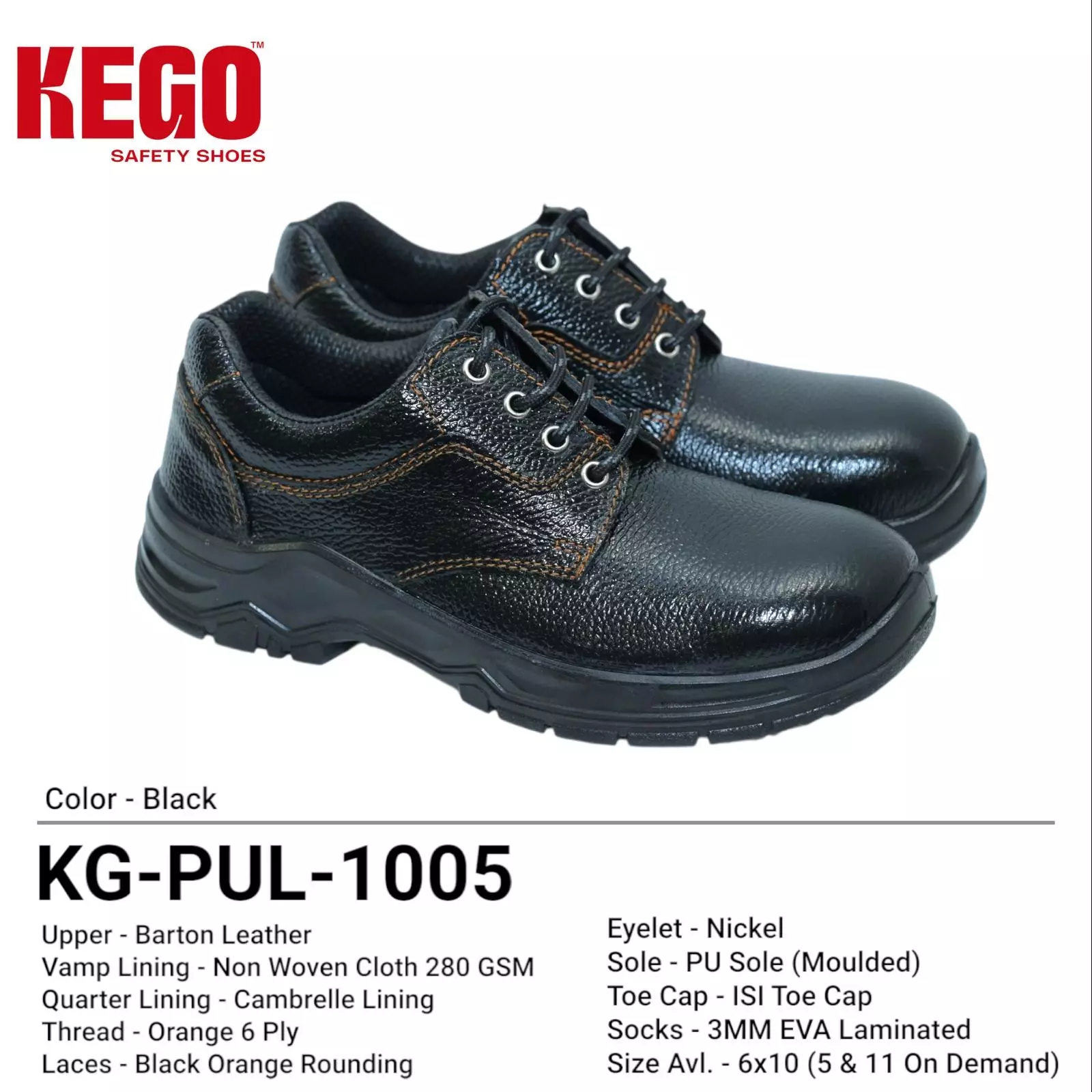KEGO Safety Shoes Metal Toe Low Ankle PU (Moulded) Sole Black UK 9, KG-PUL-1005 (20 Pairs)