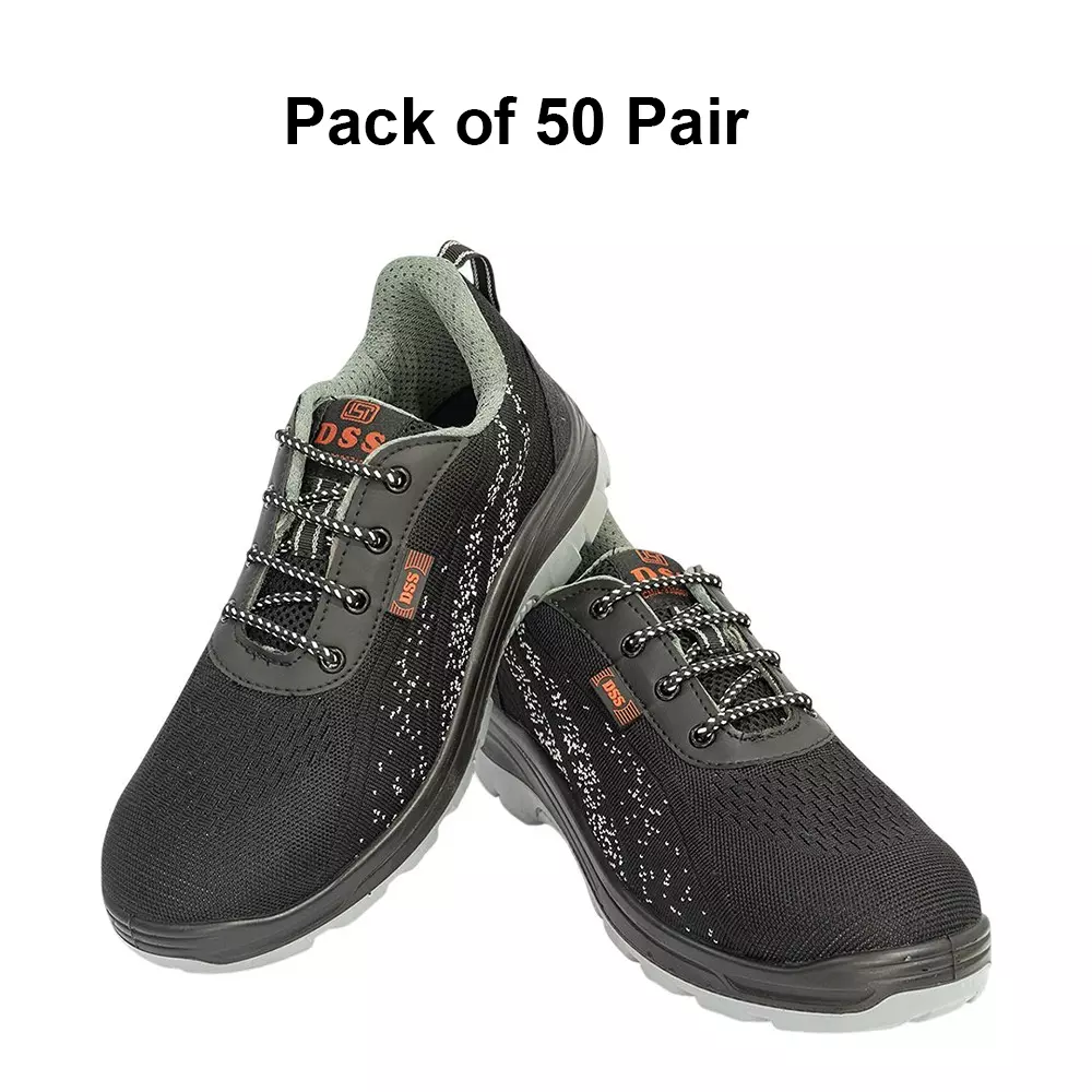 dss-fiber-toe-safety-shoes-double-density-pu-sole-low-ankle-black-fly-knit-washable-fabric-size-uk-10-dss-flynet-dd-50-pair