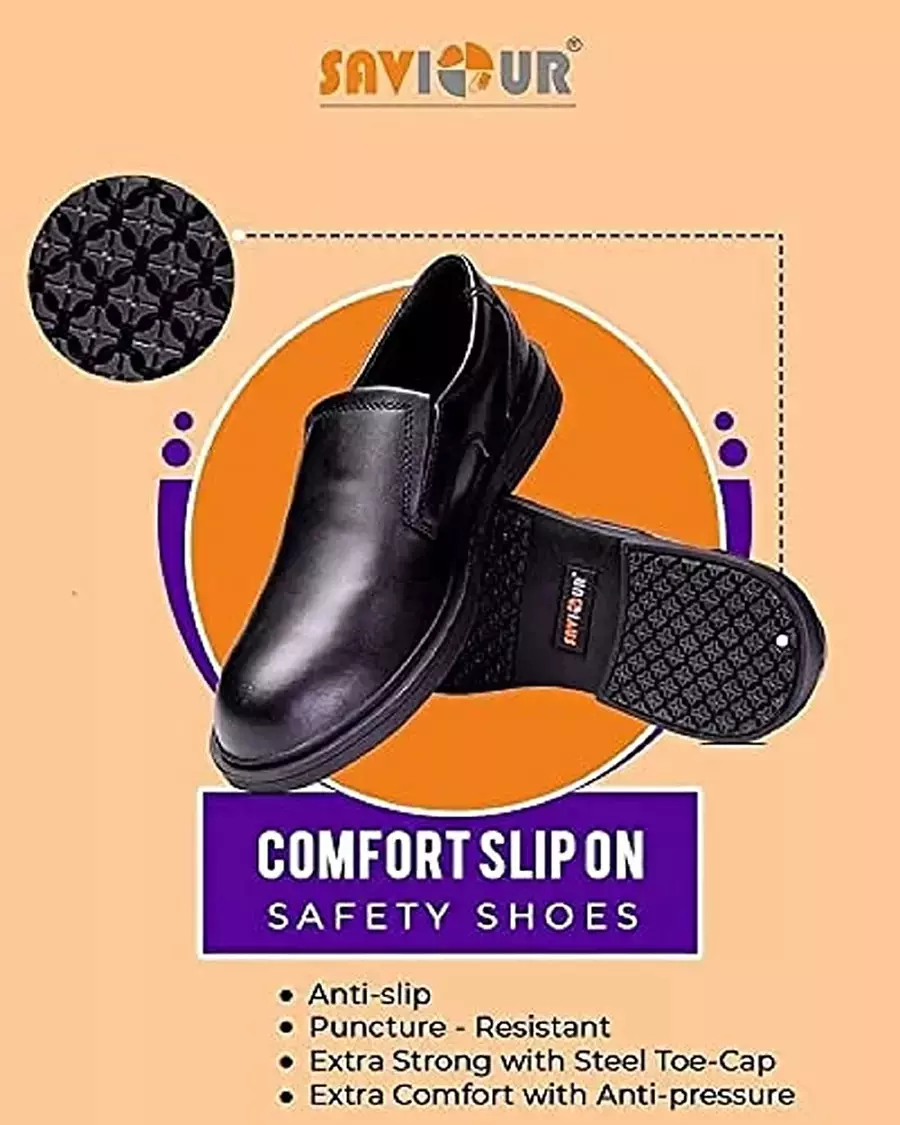 Saviour Comfort Slip On Safety Shoes Low Ankle Size UK 7 Black, FPSAV-CS