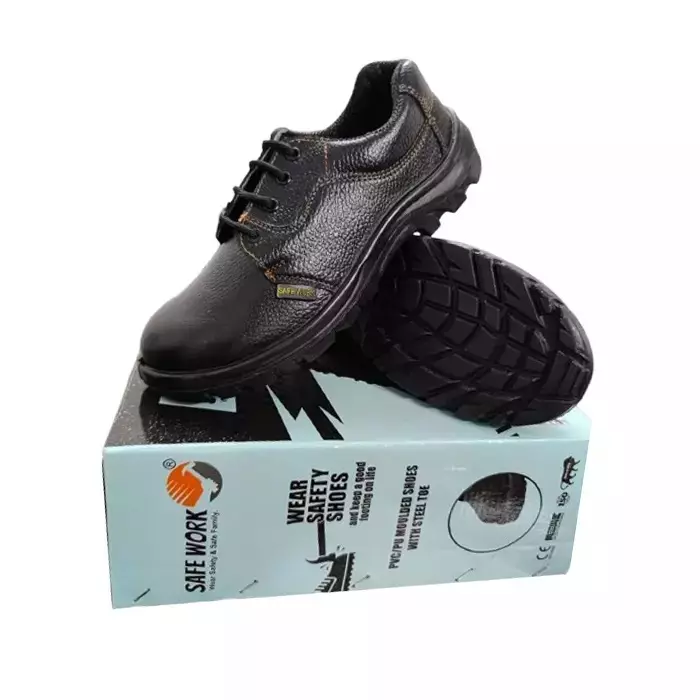 SAFE WORK Steel Toe Safety Shoes PU Sole Low Ankle Black Genuine Leather Size UK 5, Atom