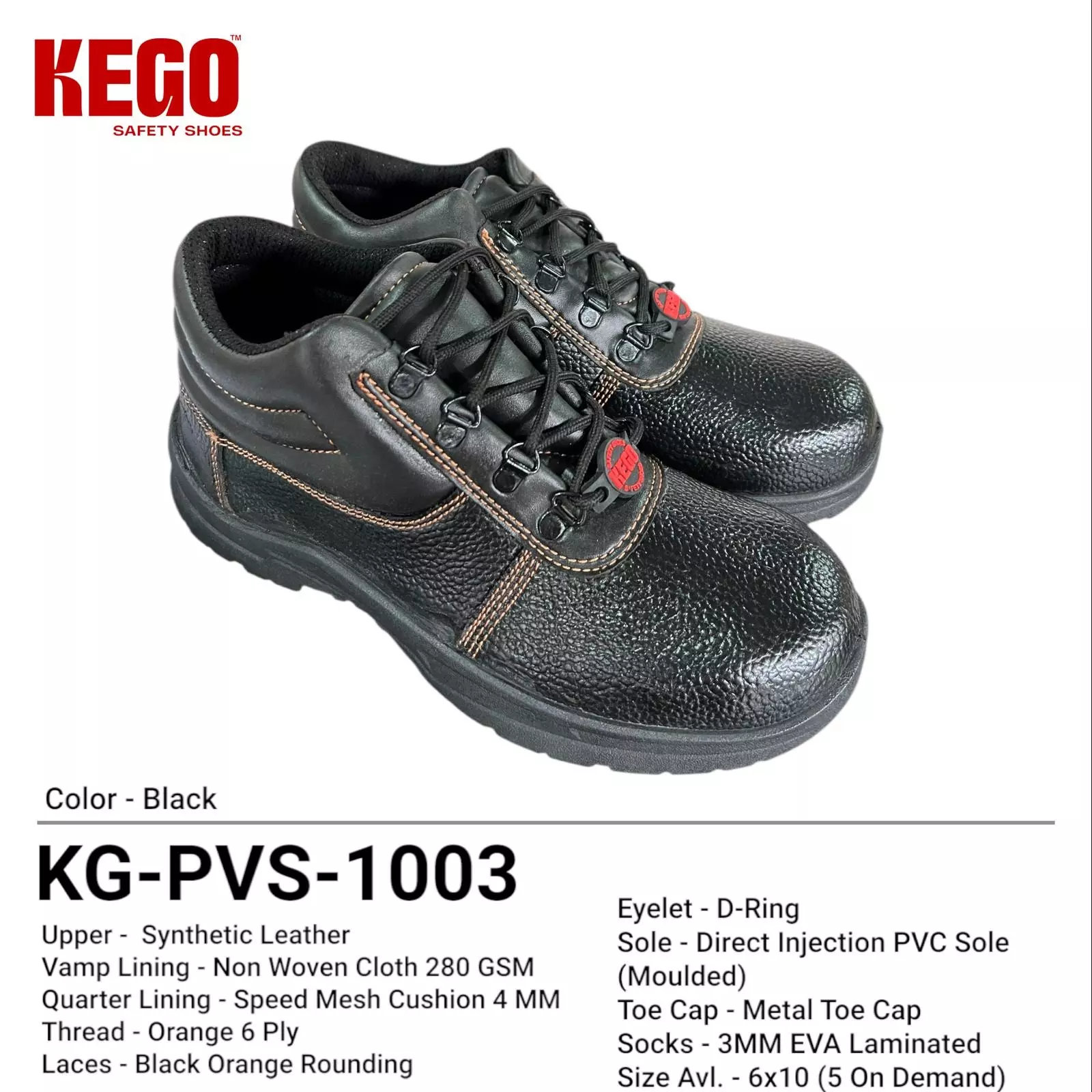 KEGO Safety Shoes Metal Toe Low Ankle Direct Injection PVC (Moulded) Sole Black UK 10, KG-PVS-1003 (5 Pairs )