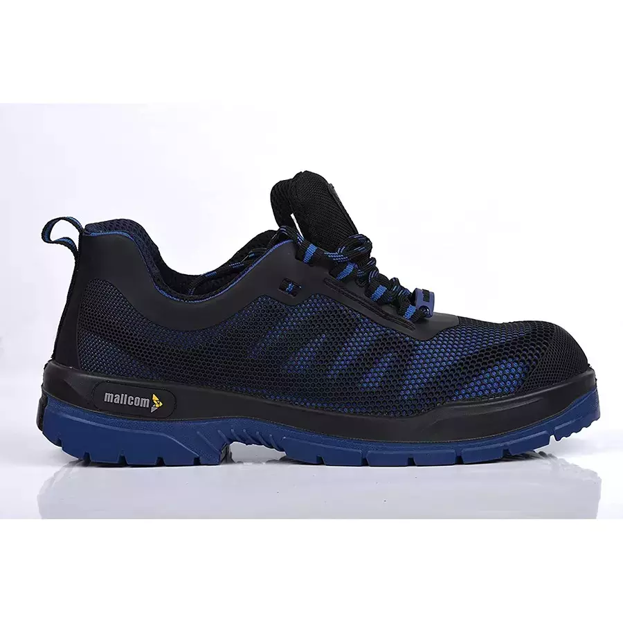 Mallcom Composite Toe Safety Shoes Low Ankle PU Sole Double Density Black & Blue Knitted Polyester Size UK 10, Freddie G22