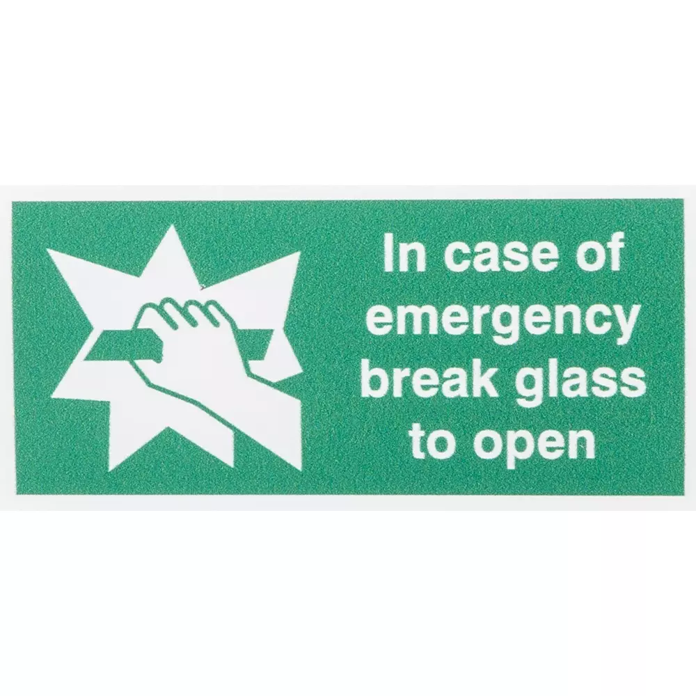 RS PRO Sign In Case Of Emergency Break Glass To Open 100x50 mm Polyester White/Green Text, 146409