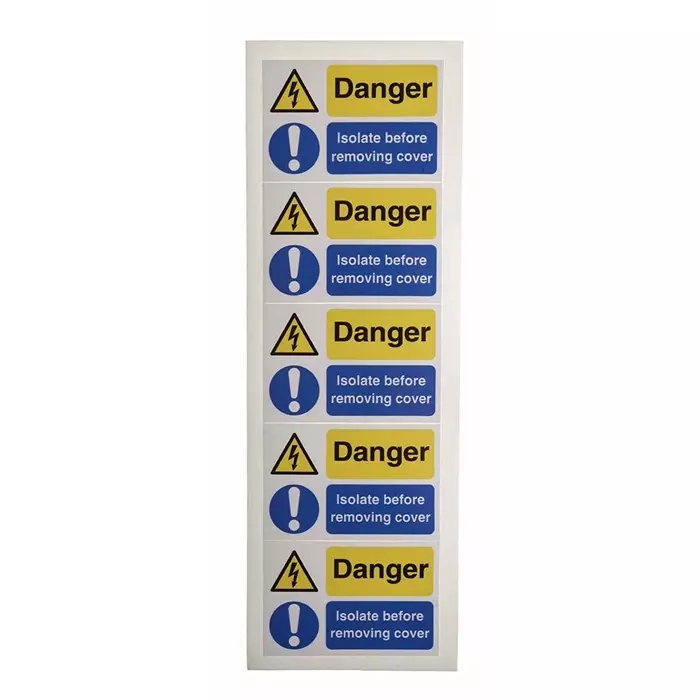 RS PRO Black/Blue/White/Yellow Vinyl Safety Labels, Danger Isolated Before Removing Cover-Text 40 mm x 60 mm Model No 7760951 (1 Bag of 5)