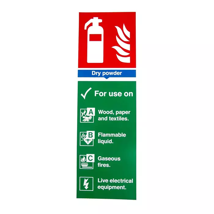 Buy RS PRO 300x100 mm Vinyl Fire Safety Sign List of materials dry powder can be used on With English Text Self-Adhesive 1812246 from Industrybuying.com