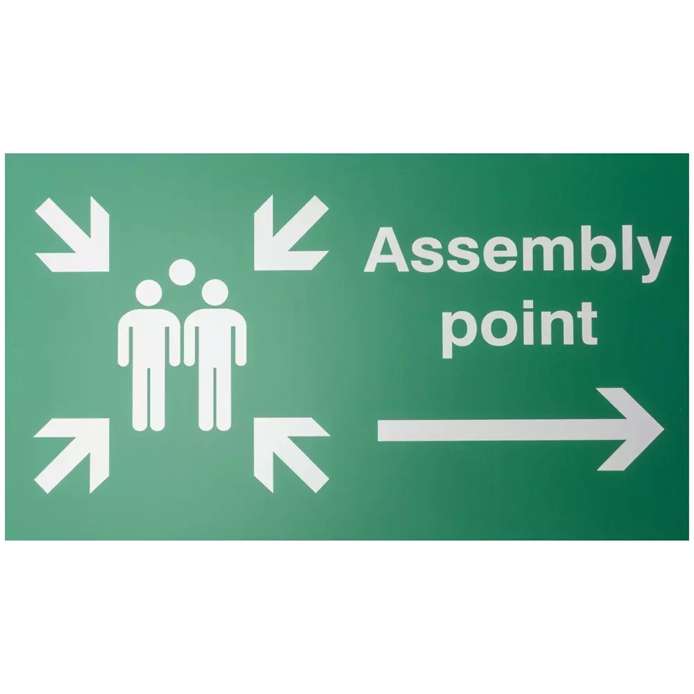 RS PRO Sign Assembly Point 300x300 mm Polyester White Text White Legend English Safety Sign, 146403