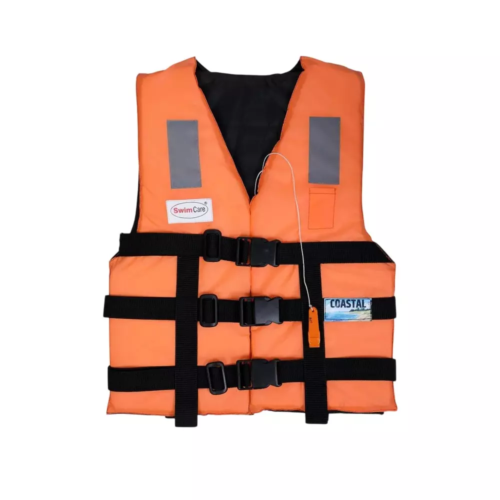 Swimcare Safety Life Jacket III PFD Free Size Orange Reflective Nylon Upto 100 Kg Load Capacity for Lakes & River Safety, Coastal