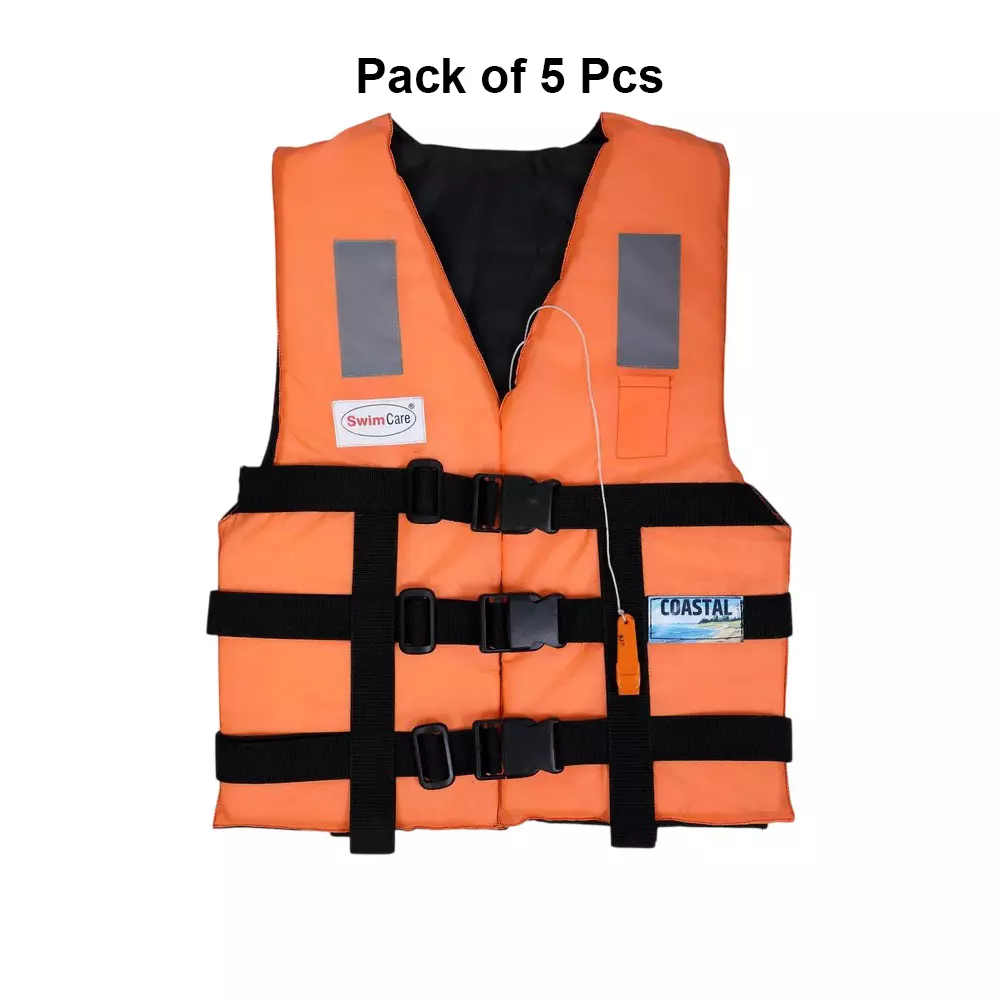 swimcare-safety-life-jacket-iii-pfd-free-size-orange-reflective-nylon-upto-100-kg-load-capacity-for-lakes-river-safety-coastal-pack-of-5-pcs