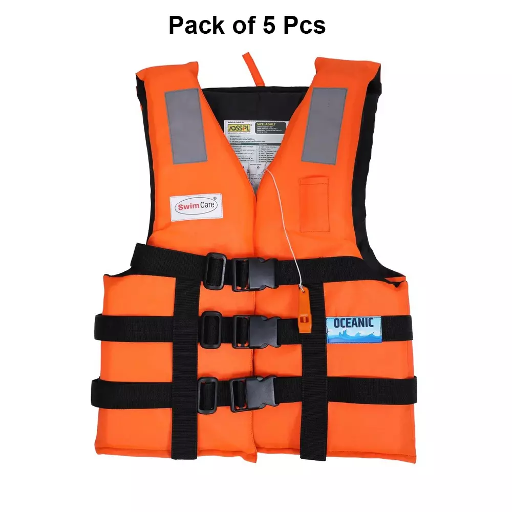 swimcare-safety-life-jacket-iii-pfd-free-size-orange-reflective-nylon-fabric-upto-140-kg-load-capacity-for-lakes-river-safety-oceanic-pack-of-5-pcs