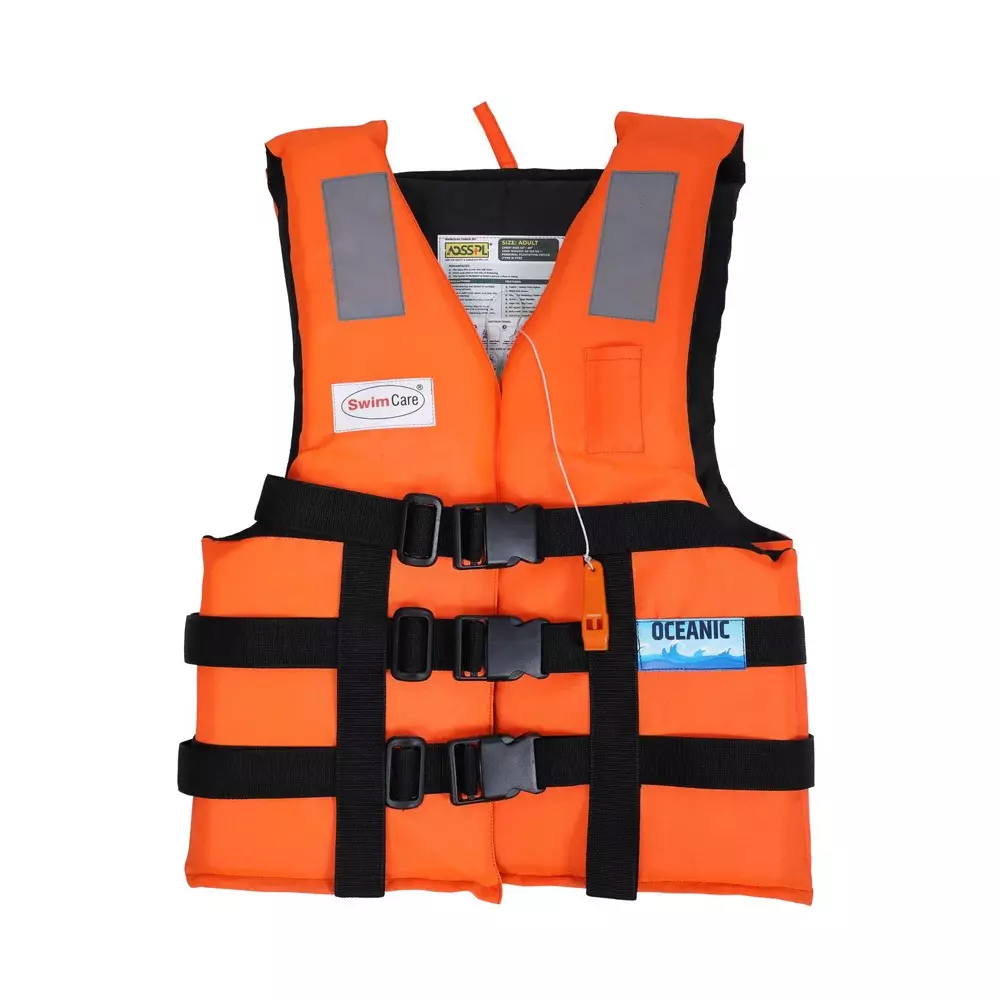 Swimcare Safety Life Jacket III PFD Free Size Orange Reflective Nylon Fabric Upto 140 Kg Load Capacity for Lakes & River Safety, Oceanic