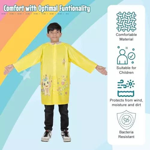 Allextreme Raincoat Yellow Color Unicorn Print Size XL with Hood, School Bag Cover and Carry Pouch for Kids (6-7 Years), HCR-00T
