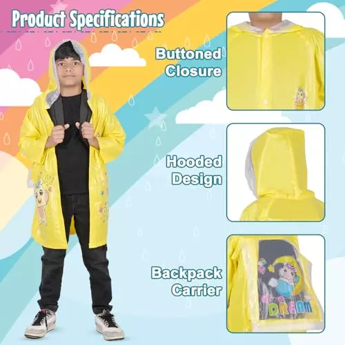 Allextreme Raincoat Yellow Color Unicorn Print Size XL with Hood, School Bag Cover and Carry Pouch for Kids (6-7 Years), HCR-00T