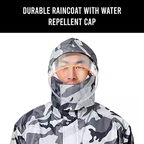 Allextreme Two-Piece Raincoat Grey Color Army Print Size XXXL With Transparent Face Shield, Detachable Hood for Adult Men, MK002-01